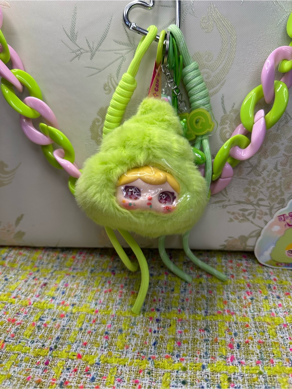 Cute Lime Green Plush Character Keychain for Kids Accessories